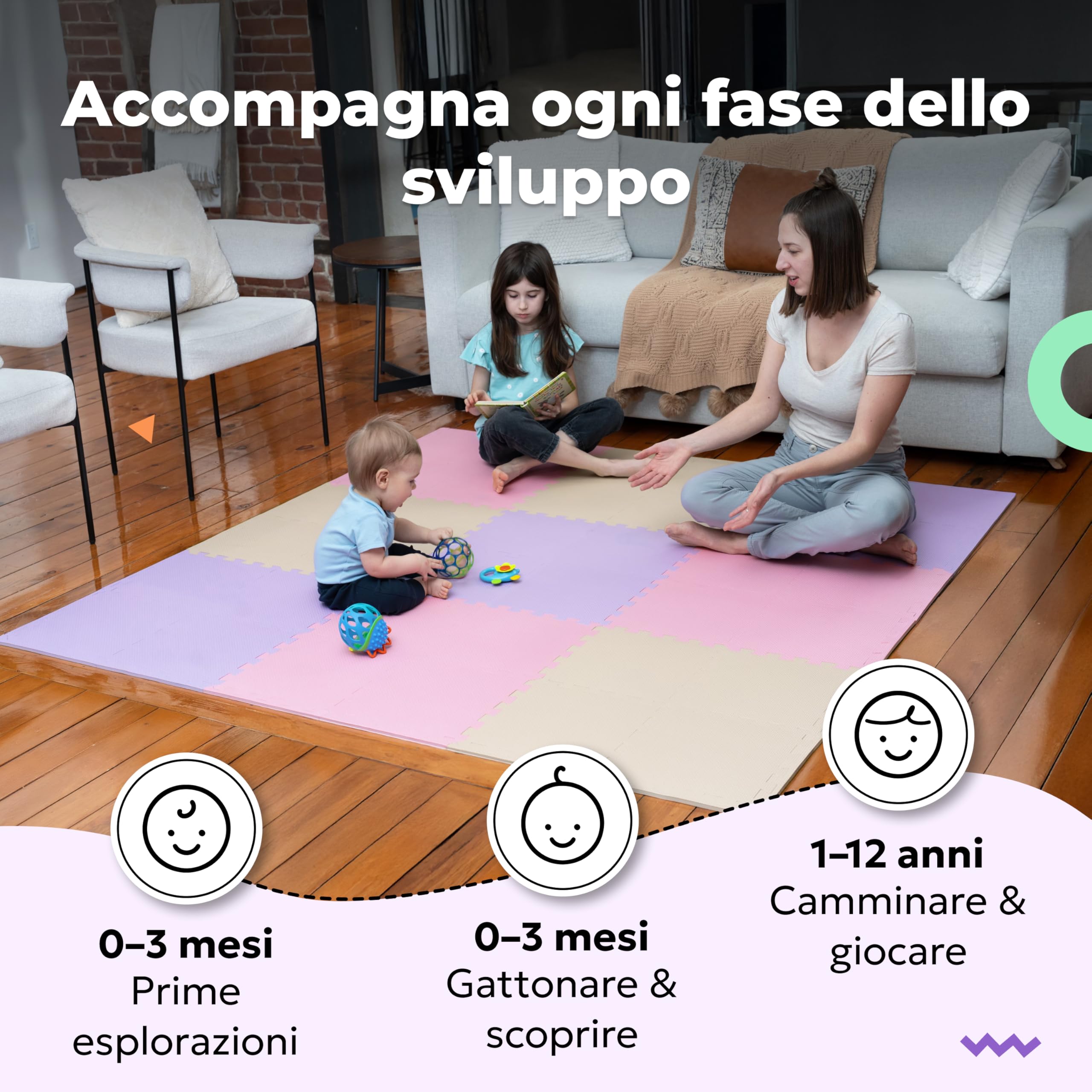Piastrelle per pavimenti in schiuma atossiche, confortevoli, tappetino da gioco e piastrelle ad incastro 74x74 cm, per gattonare e sviluppare, morbide