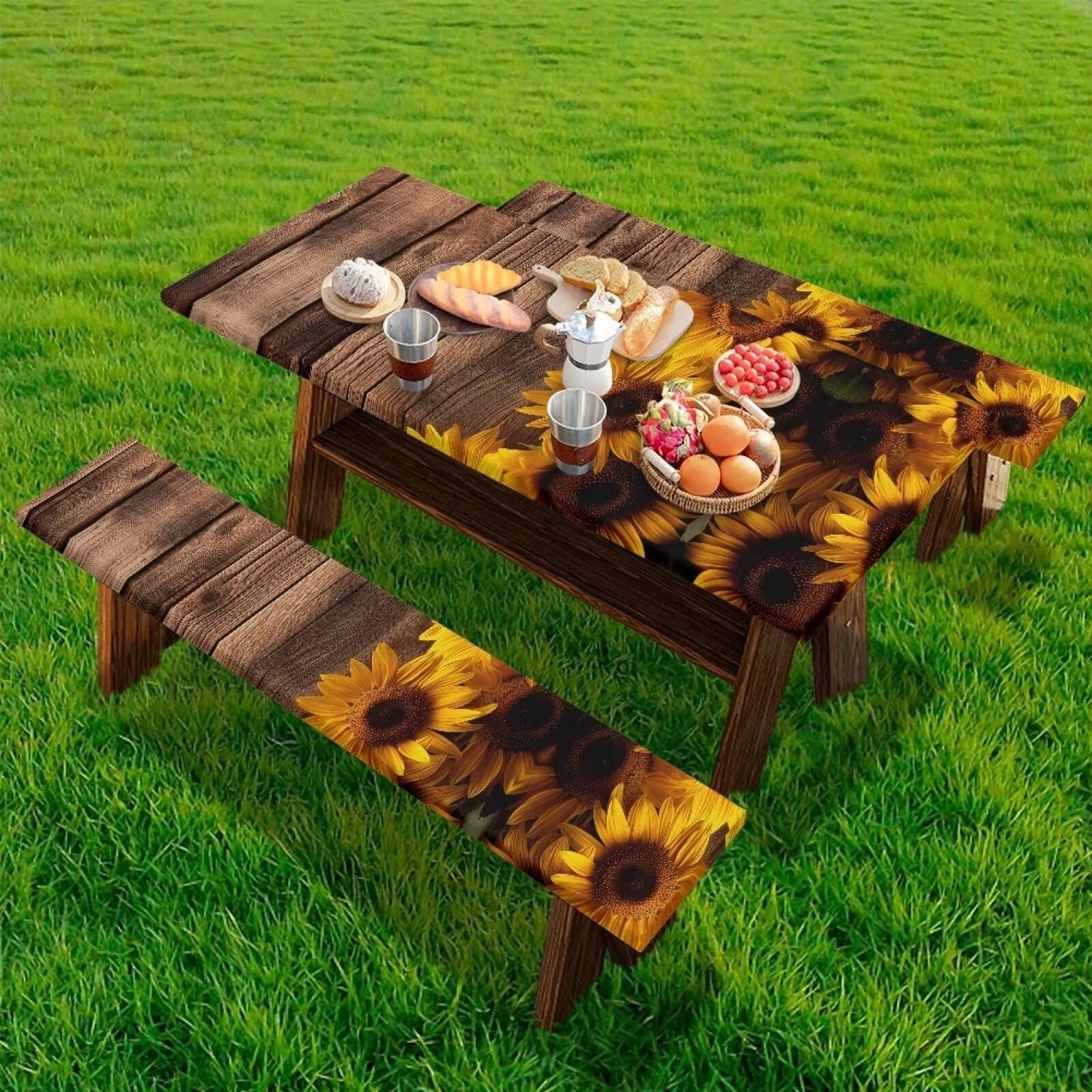 Hudotybom Picnic Table Cover with Bench Covers Wood Sunflower Camping Table Covers for 6 Foot Tables 3 Pcs Picnic Table Bench Covers Camping Essentials for Camper, 72x30 Inches