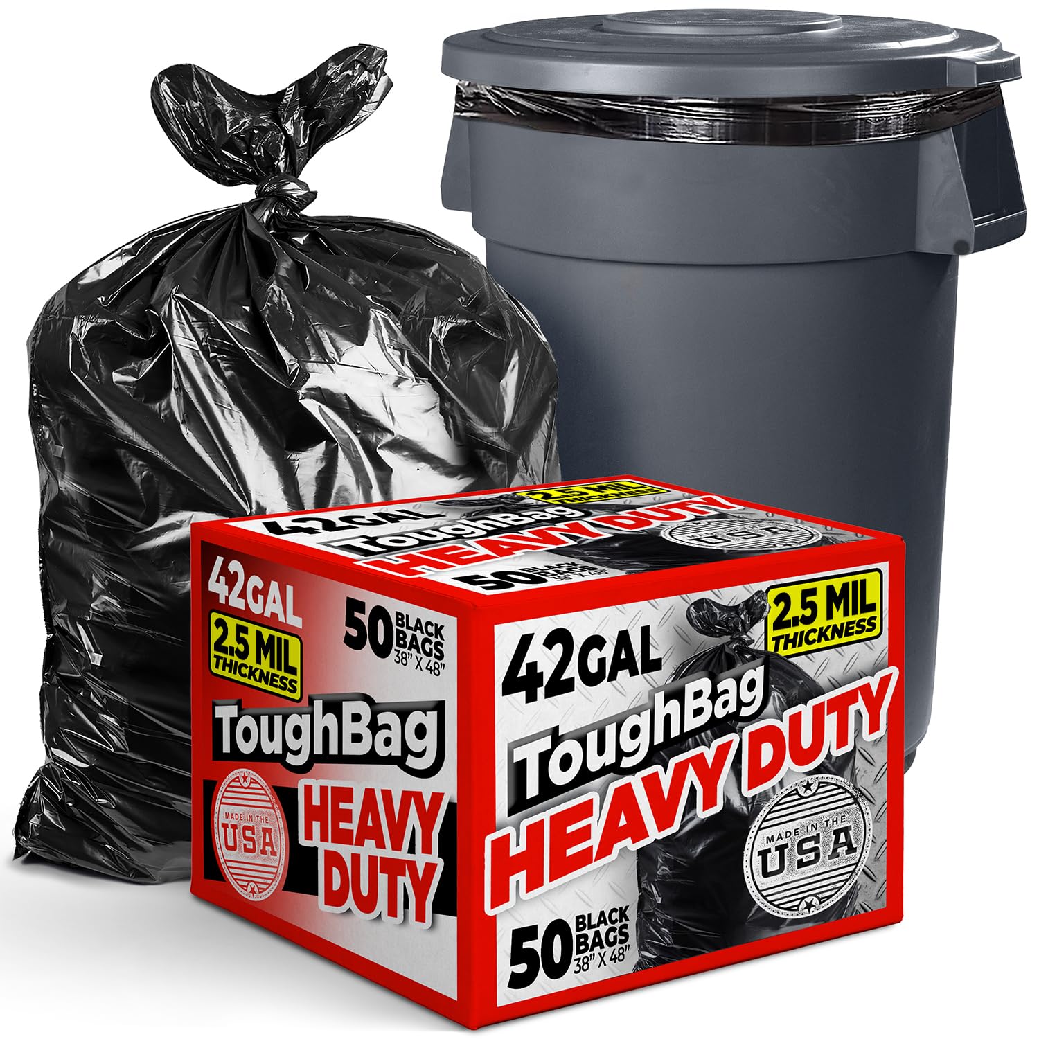 ToughBag 42 Gallon Trash Bags, 2.5 Mil Contractor Garbage Bags (50 COUNT) Heavy Duty Black Garbage Can Liners, 38 x 48" - Construction, Lawn, Industrial, Leaf - Made in USA