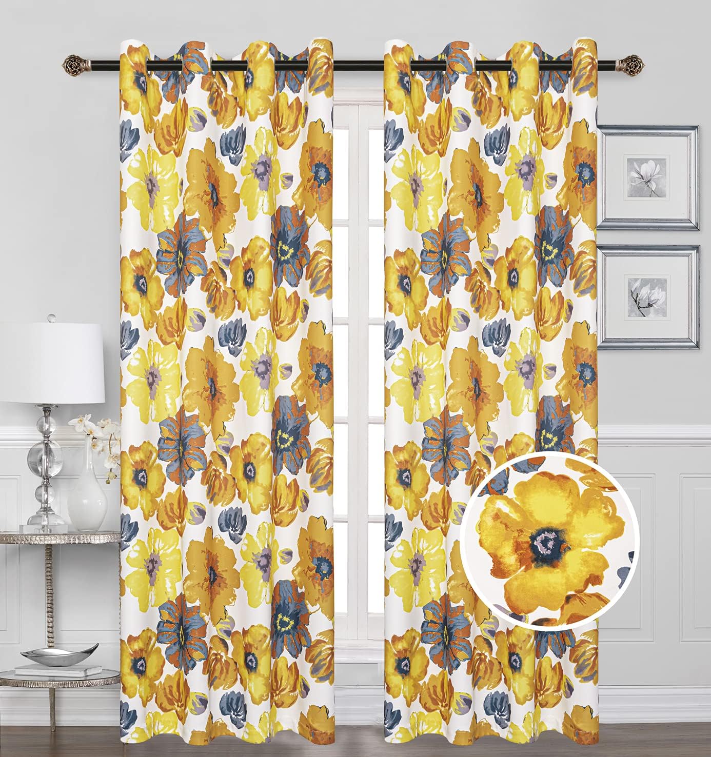 Beatrice Home Floral Darkening Window Panel Thermal Insulated 100% Blackout Drapes 54”Width 84" inch Long (Pair) for Living Room Bedroom & Dining Miami Collection ((Yellow-Gray))