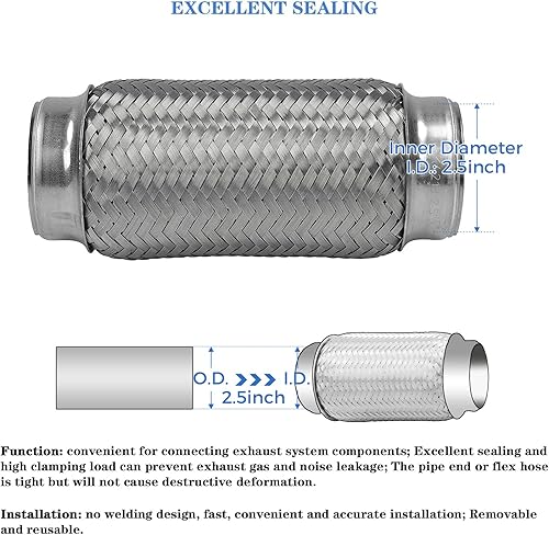 Miniatura 5 de RP REMARKABLE POWER, RK7548 Tubo flexible de escape de 2.5 x 12 pulgadas, acero inoxidable resistente, 16 pulgadas OL