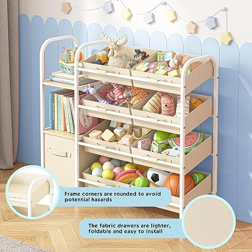 Miniatura 4 de Fixwal Organizador de almacenamiento de juguetes con cajones de tela y estantería, 3 estantes para niños, estantería para guardería con contenedores