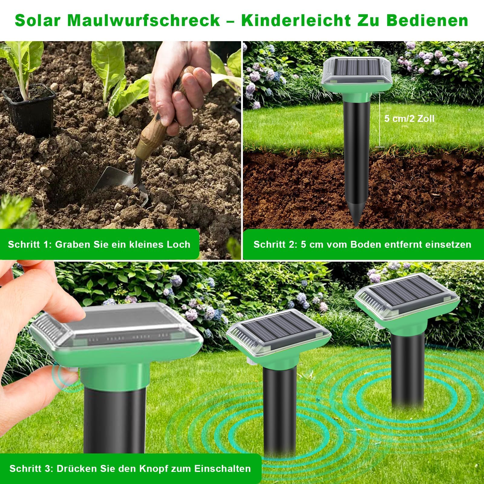 Solar Ultraschall Maulwurf Vertreiber, Maulwurf Vertreiber Testsieger, 4 Stück Maulwurfschreck, IP66 Wasserdichter Maulwurf Vertreiben für Abwehr von Wühlmaus Vertreiben und Erdhörnchen in Rasen