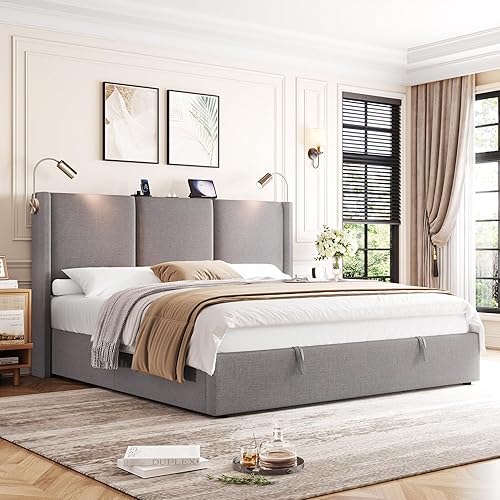 HOSTACK Queen Size Lift Up Storage Bed Frame with Charging Station, Modern Upholstered Platform Bed with Reading Light and Adjustable Wingback Headboard, Hydraulic Storage, No Spring Box Needed, Grey