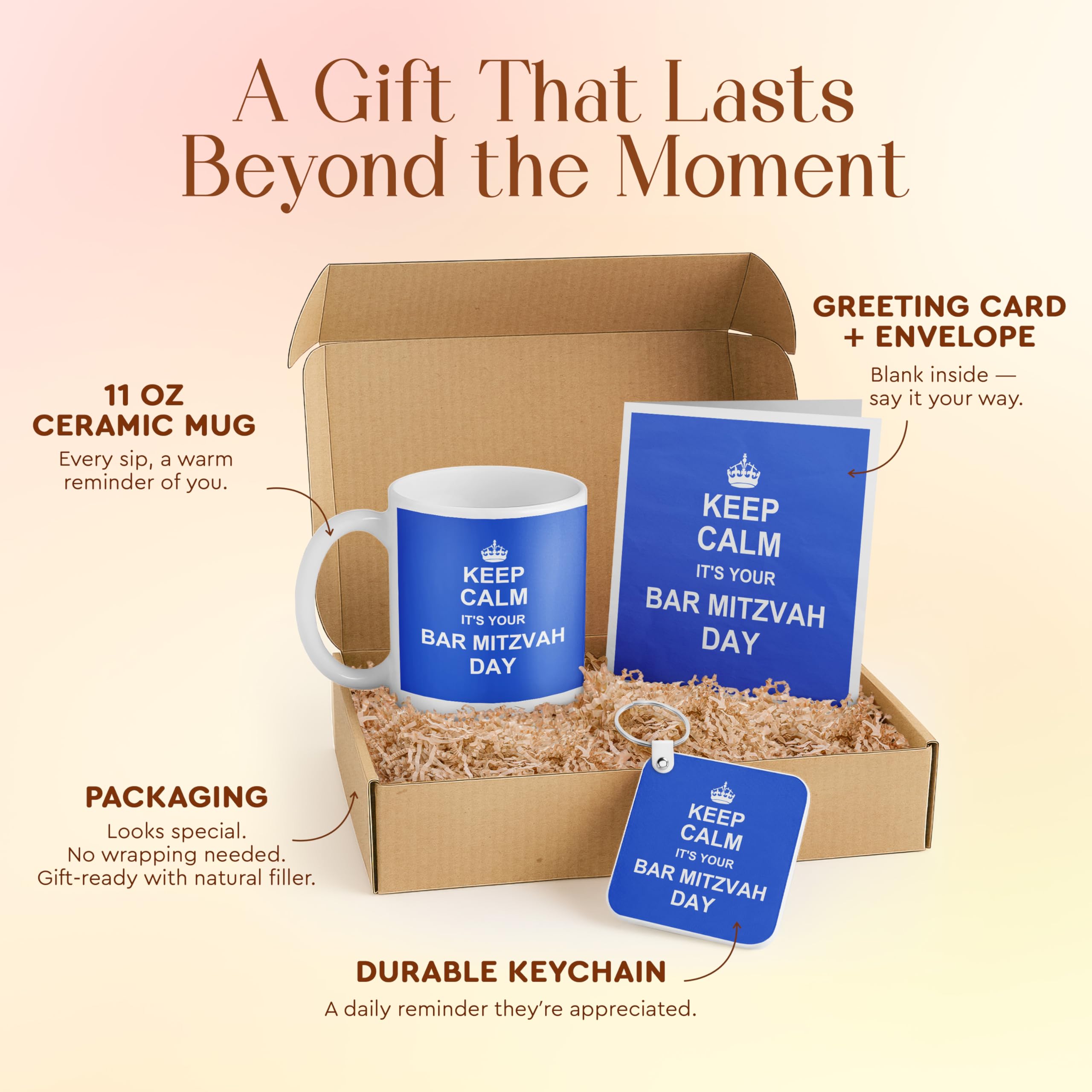 3dRose Bar Mitzvah Gift Set for Boys – Mug, Card, and Keychain – Blue Design with Encouraging Message – Perfect for 13th Birthday Celebration
