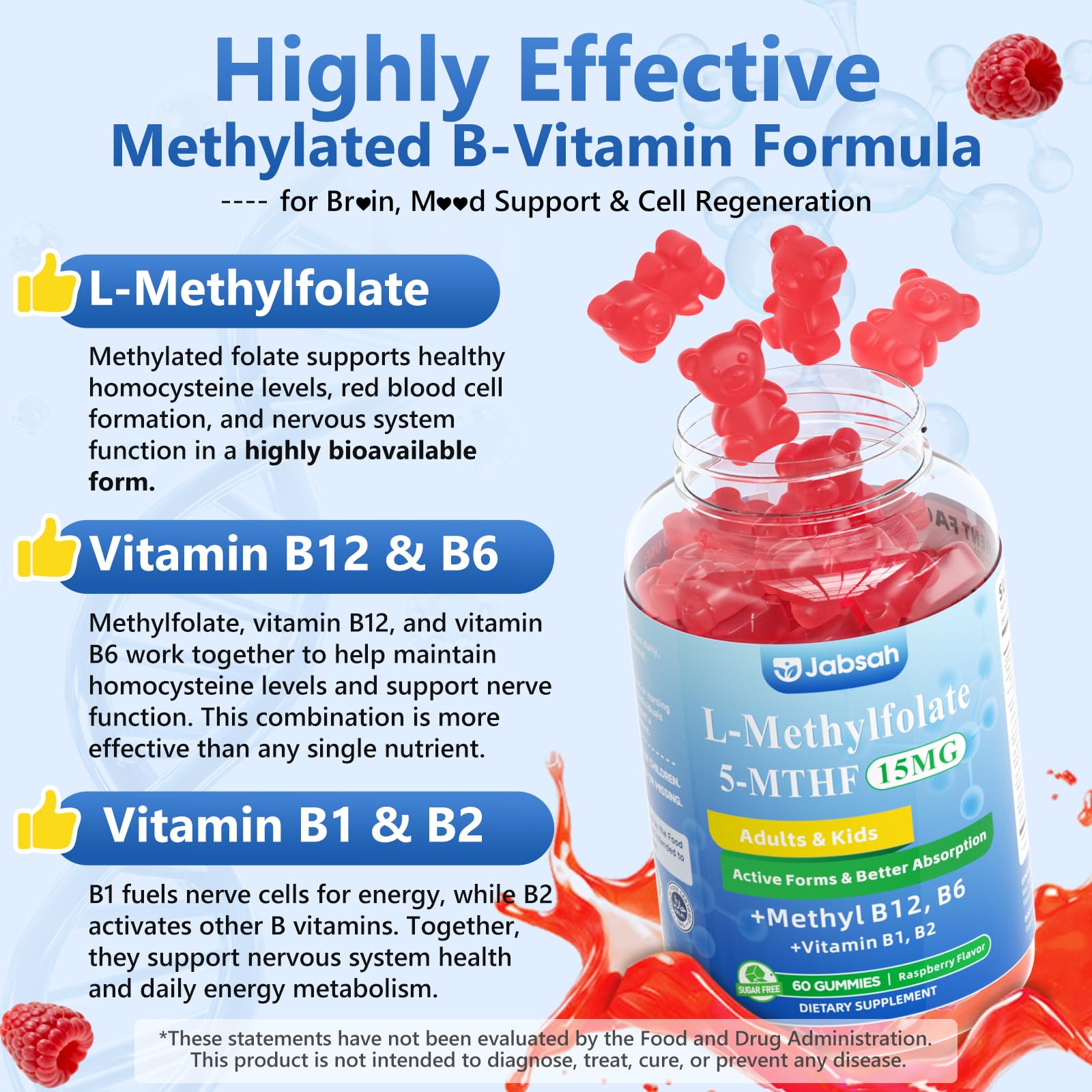 L-MethylFolate 15mg+ Methyl B12 Gummies for Kids & Adults - Active 5-MTHF with Methyl B6, B1, B2 Multivitamin, Supports MTHFR Gene, Cognition, Focus, Vegan, Raspberry Flavor, 120 Count — Amazon image 3