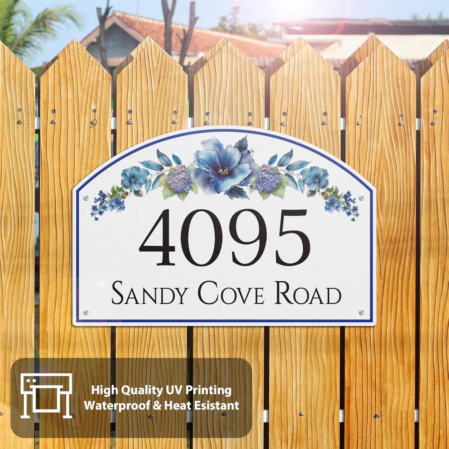 House Address Sign Custom Fancy Address Plaque Metal House Number (15"x10"), Watercolor Hand-Painted Style, With 20 inch Lawn Stake, Reflective Option, Aluminum, Outdoor Fence Wall Art Decor (S02)