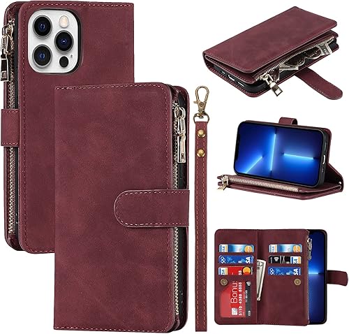 Funda para iPhone 13 Pro Max con tarjetero para iPhone 13 Pro Max, funda tipo cartera magnética de cuero con tapa y soporte de crédito, color rojo