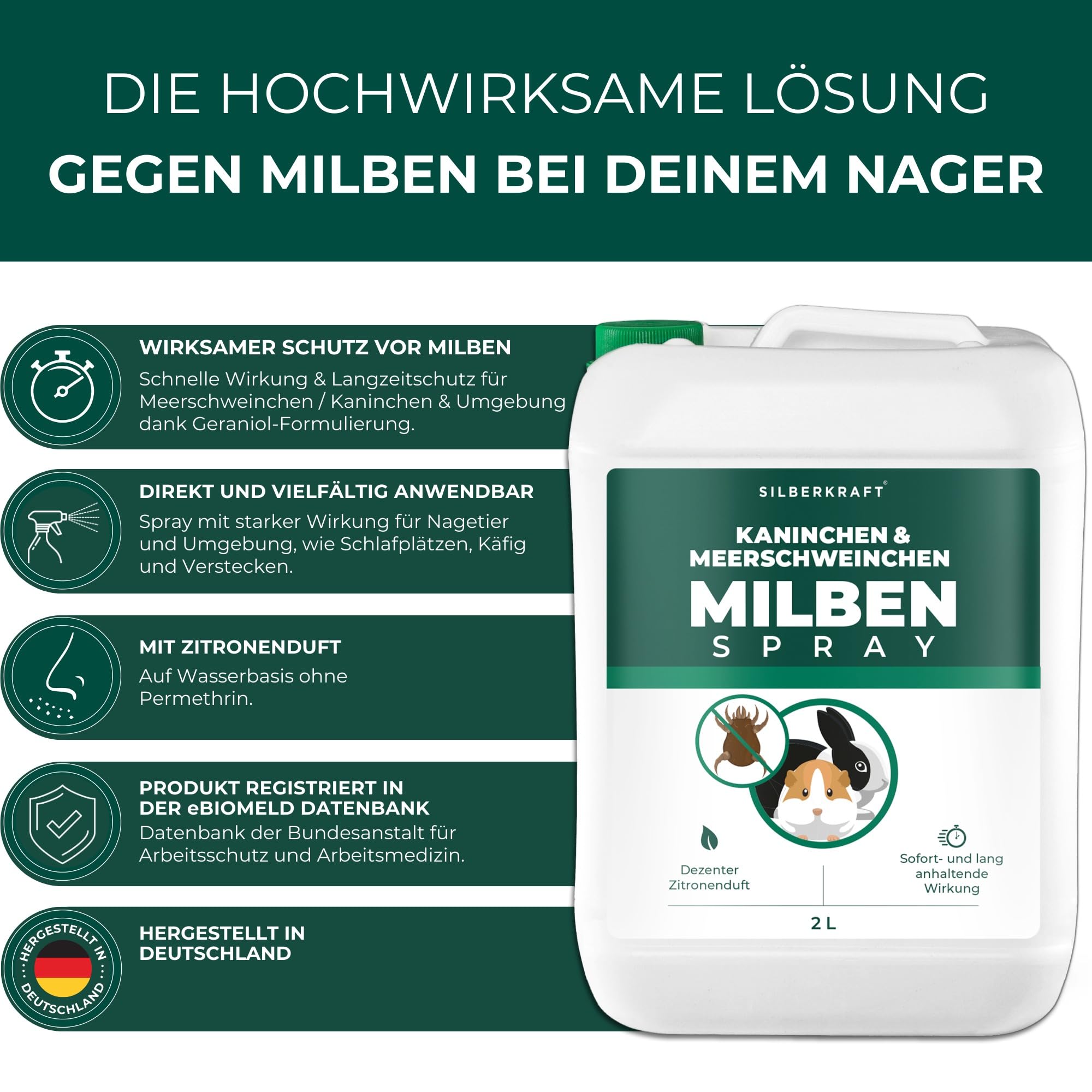 Silberkraft Milbenspray 2 L - Milbenabwehr für Hamster, Meerschweinchen & Nager - Repellent mit Geraniol - Spray für Fell & Käfig - Sofort- & Langzeiteffekt