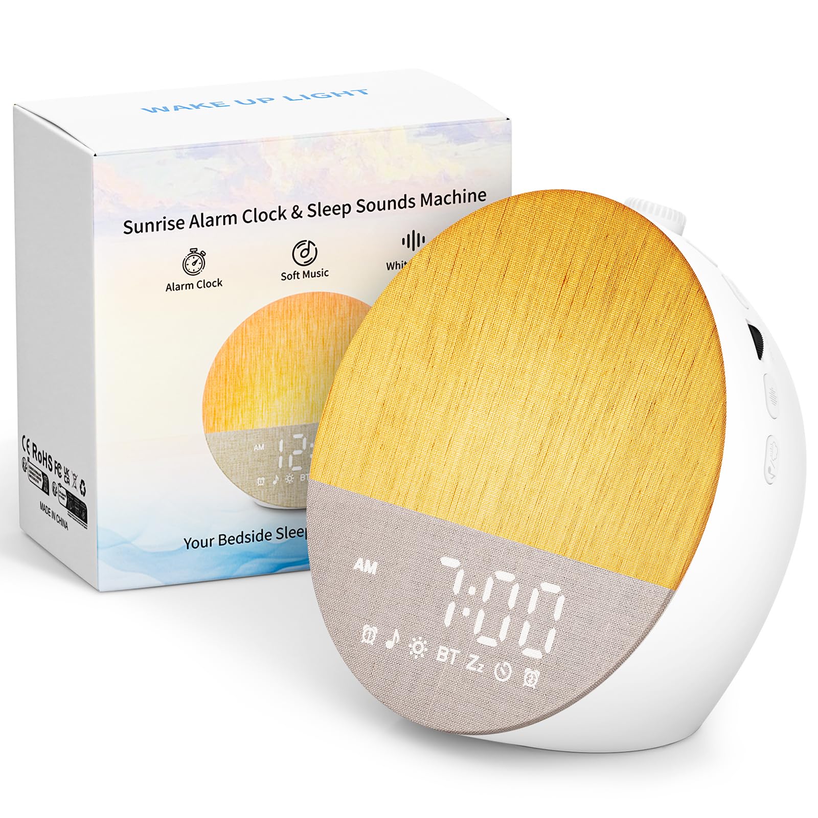Despertador Amanecer, Despertador Luz Natural, Reloj Despertador Digital Doble, Altavoz Bluetooth, Máquina Ruido Blanco con 30 Sonidos Calmantes, 20 Brillos, Lamparas Mesita Noche en 18 Colores