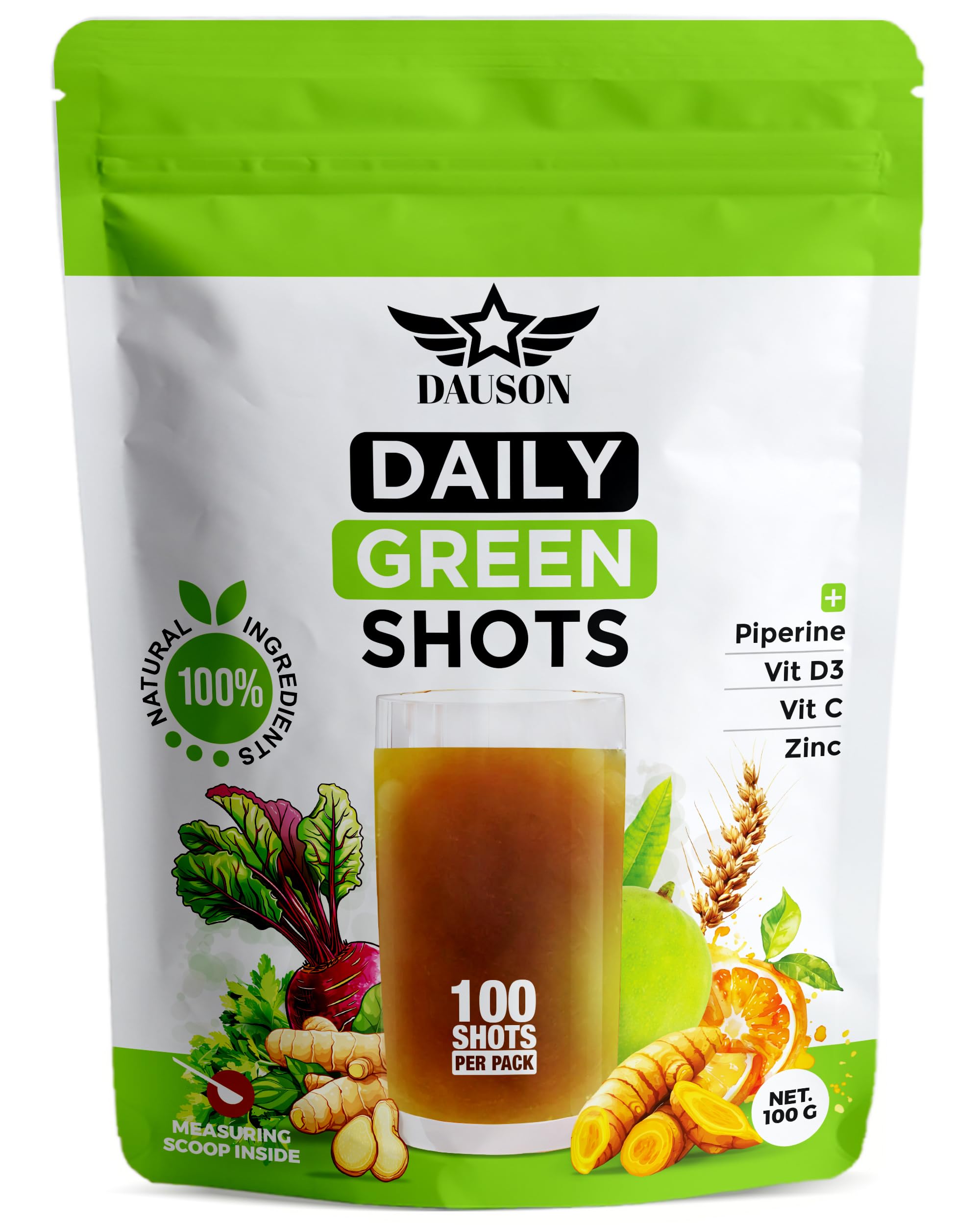 Daily Green Shots – 100 Shots of Superfood Powder with Wheatgrass, Matcha, Beetroot, Ashwagandha, Turmeric & Prebiotics – Immunity & Energy Support – Vegan Greens Supplement