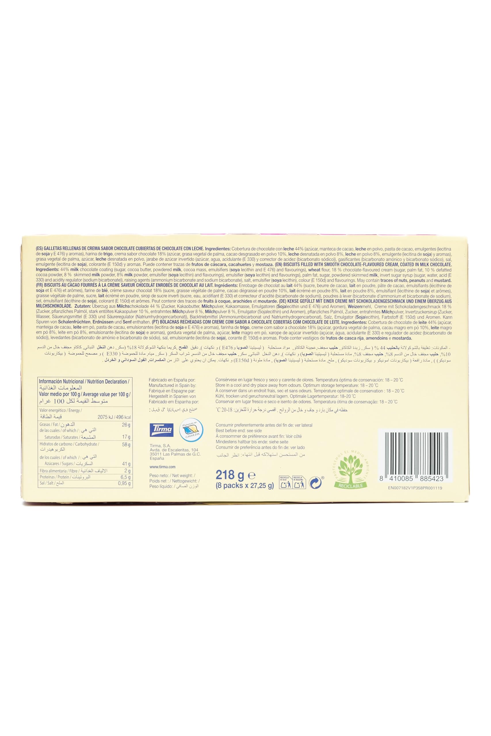 Tirma Choco Sándwich Fino de Chocolate con Leche – 8 Packs de 27,25 g (Estuche de 218 g) | Galletas Dulces con Relleno Bañadas en Chocolate con Leche | Snack Ideal para Merienda y Tentempiés