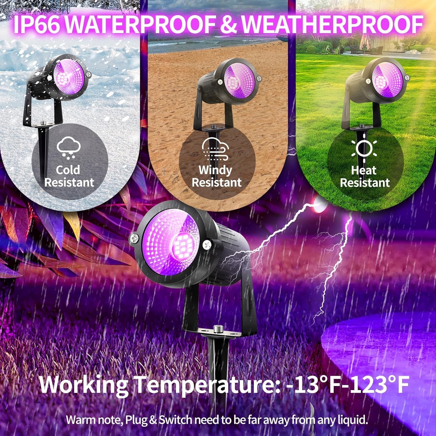 Black Light Spotlight Outdoor, 15W LED Blacklight IP66 Waterproof Landscape Lighting with Stake 6Ft Cord Switch, Black Lights for Glow Party, Fluorescent Poster, Yard Garden, Stage, Halloween, 6 Pack - 1 glass broken