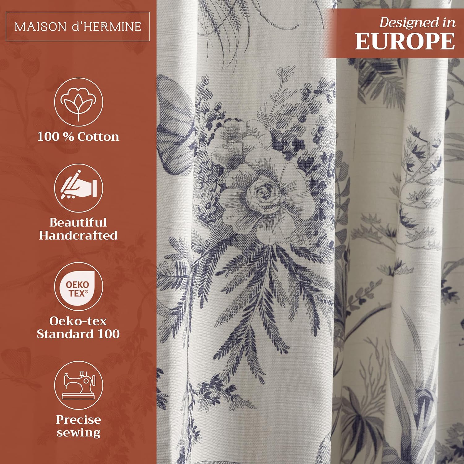 Maison d' Hermine Paradise - Delft Bundle Set – 100% Cotton Curtain (108 Inch x 50 Inch, 1 Panel) & 2 Decorative Pillow Covers (18 Inch x 18 Inch) image 4