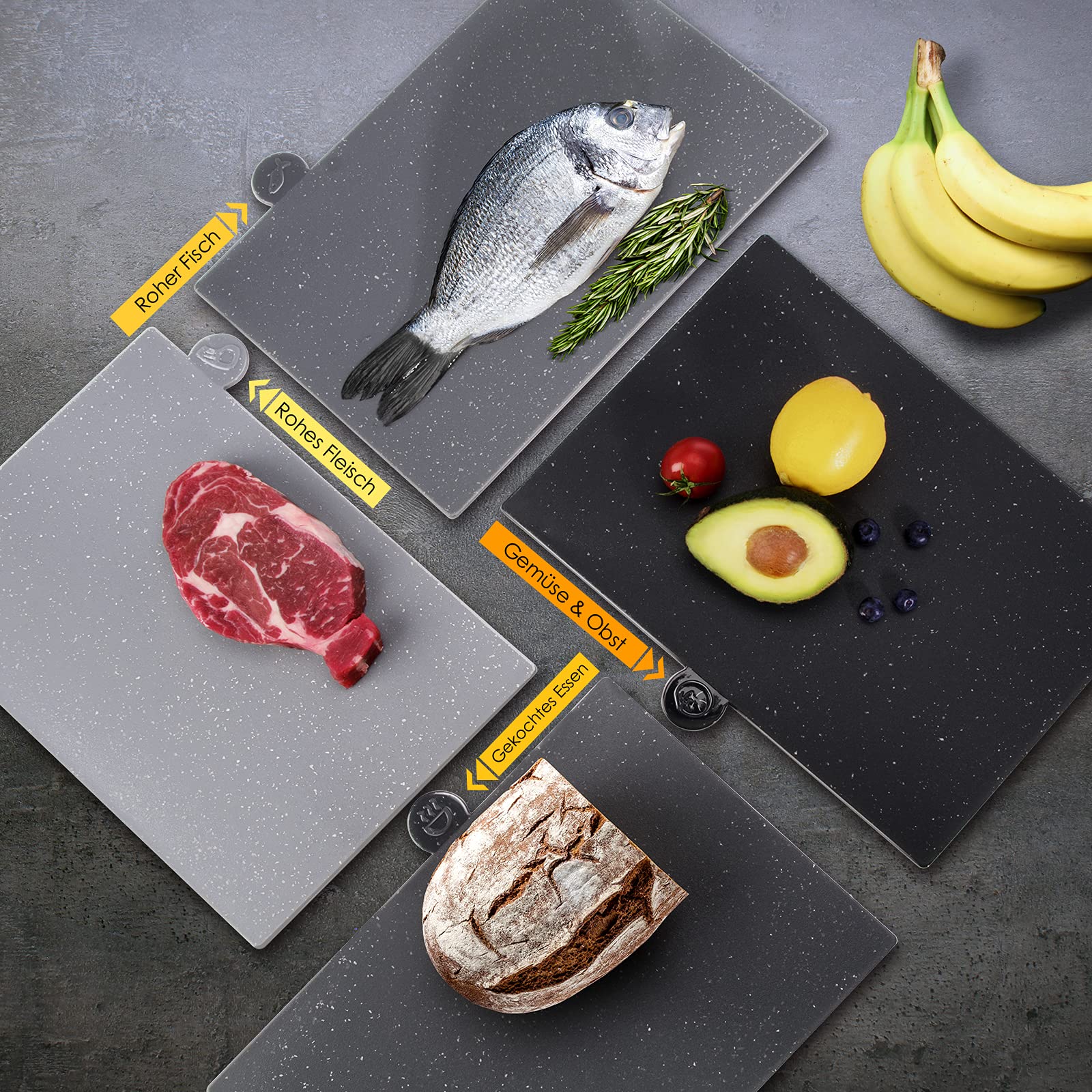 Myiosus Set di 4 Taglieri da Cucina in Plastica, con Supporto, Antiscivolo, Lavastoviglie Disponibile, con Forbici Multifunzionali, per Carne, Pesce, Verdure, Cibo Cotto