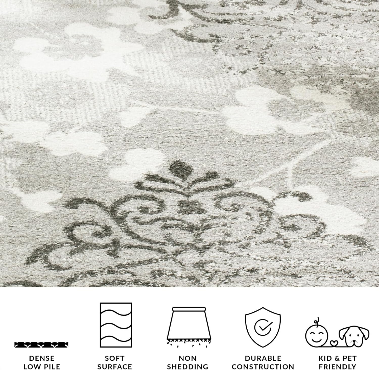 SAFAVIEH Adirondack Collection Runner Rug - 2'6" x 16', Silver & Ivory, Floral Glam Damask Distressed Design, Non-Shedding & Easy Care, Ideal for High Traffic Areas in Living Room, Bedroom (ADR114B)