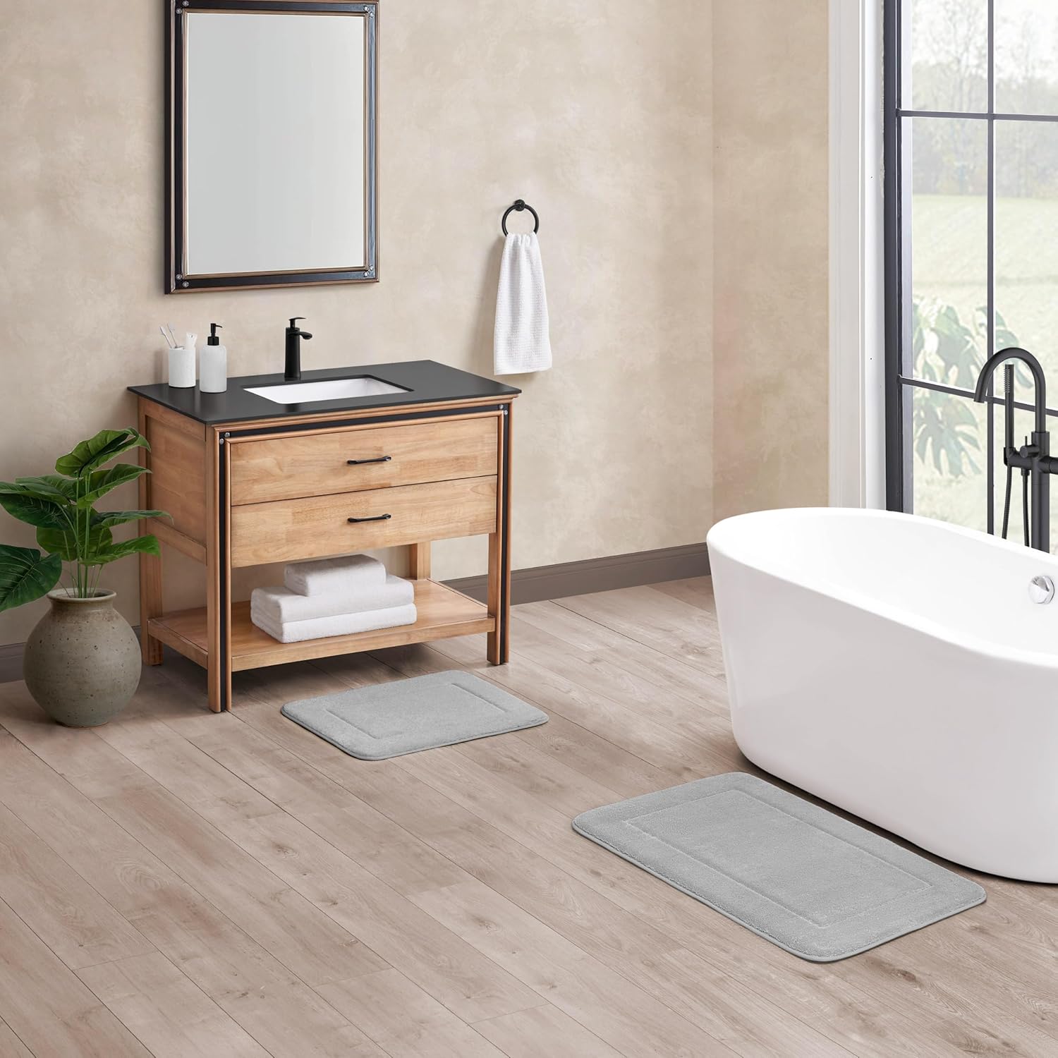 Terry Bath Mats, Set of 2 Memory Foam Bath Rugs, Non-Slip, 100% Polyester, Premium Bathroom Decor, Machine Washable, Measures 17 in. x 24 in. / 24 in. x 40 in., Light Gray