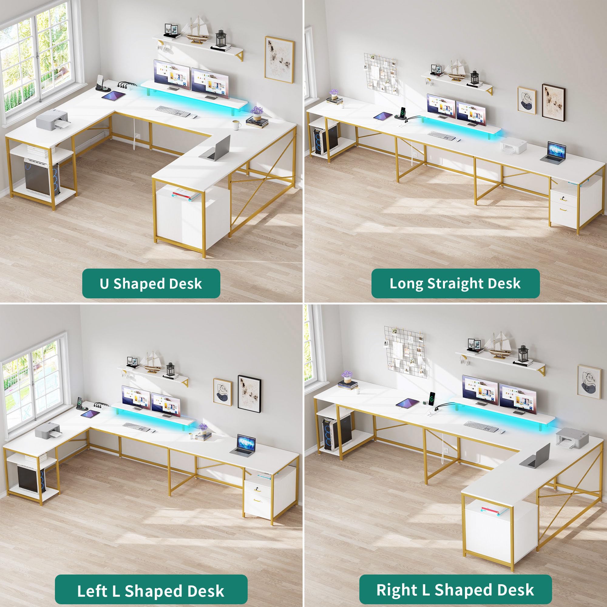 Amazon | YITAHOME U字デスク コンセント&LEDライト付き 79インチ
