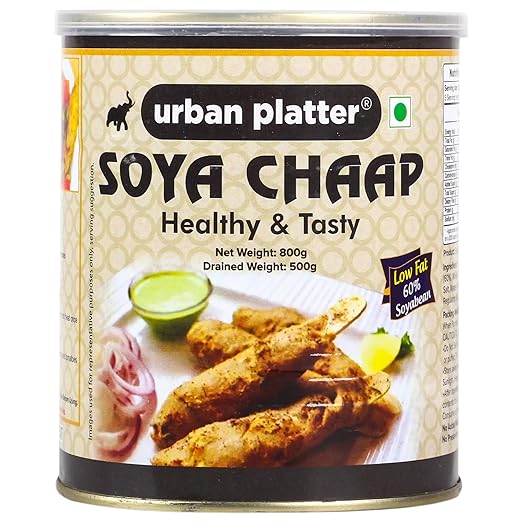 Urban Platter SOYA Chaap in Brine, 800g (Canned | Chunks on Stick | Drained Weight - 500g, Rich in Plant Protein| Soy Chap)