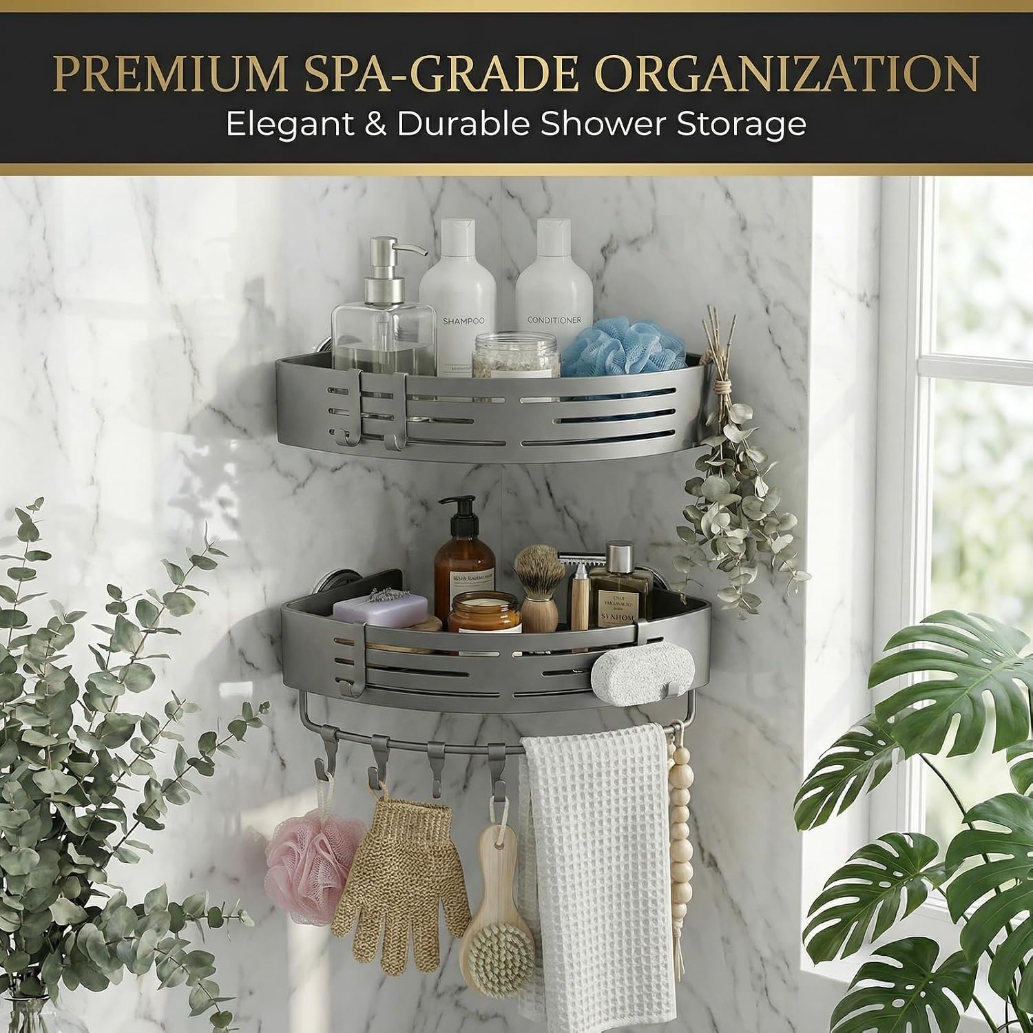 2 Pack Corner Shower Caddy, Suction Cup Shower Shelf with Removable Hooks, No Drill Aluminum Bathroom Organizer for Shower Storage and Organization (Gray)