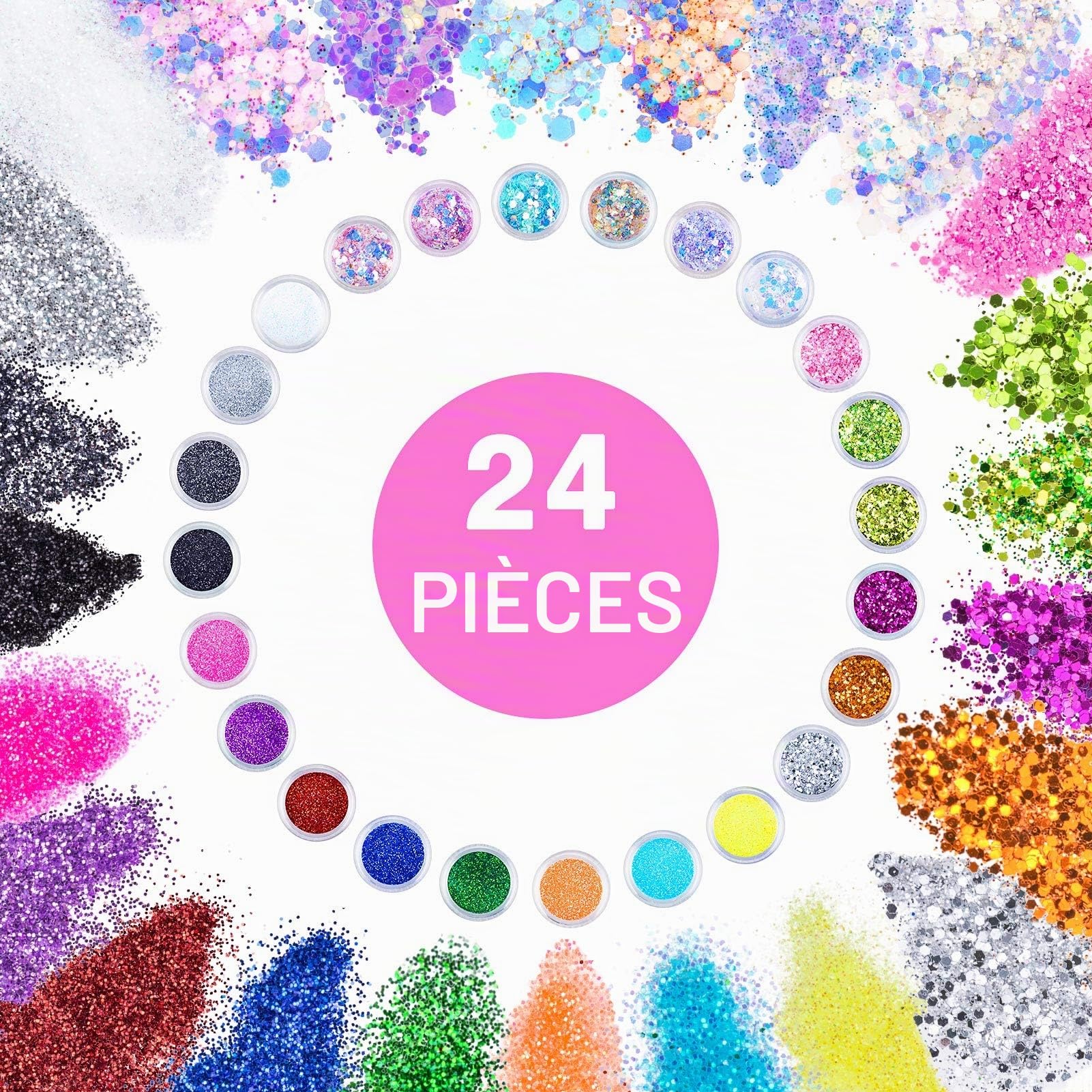 MELLIEX 24 Pièces Paillettes Ongles Set, Poudre Pailletée Holographique Paillette Maquillage pour Festival Visage Corps Ongles Nail Art Decoration, avec Outils de Pinceaux