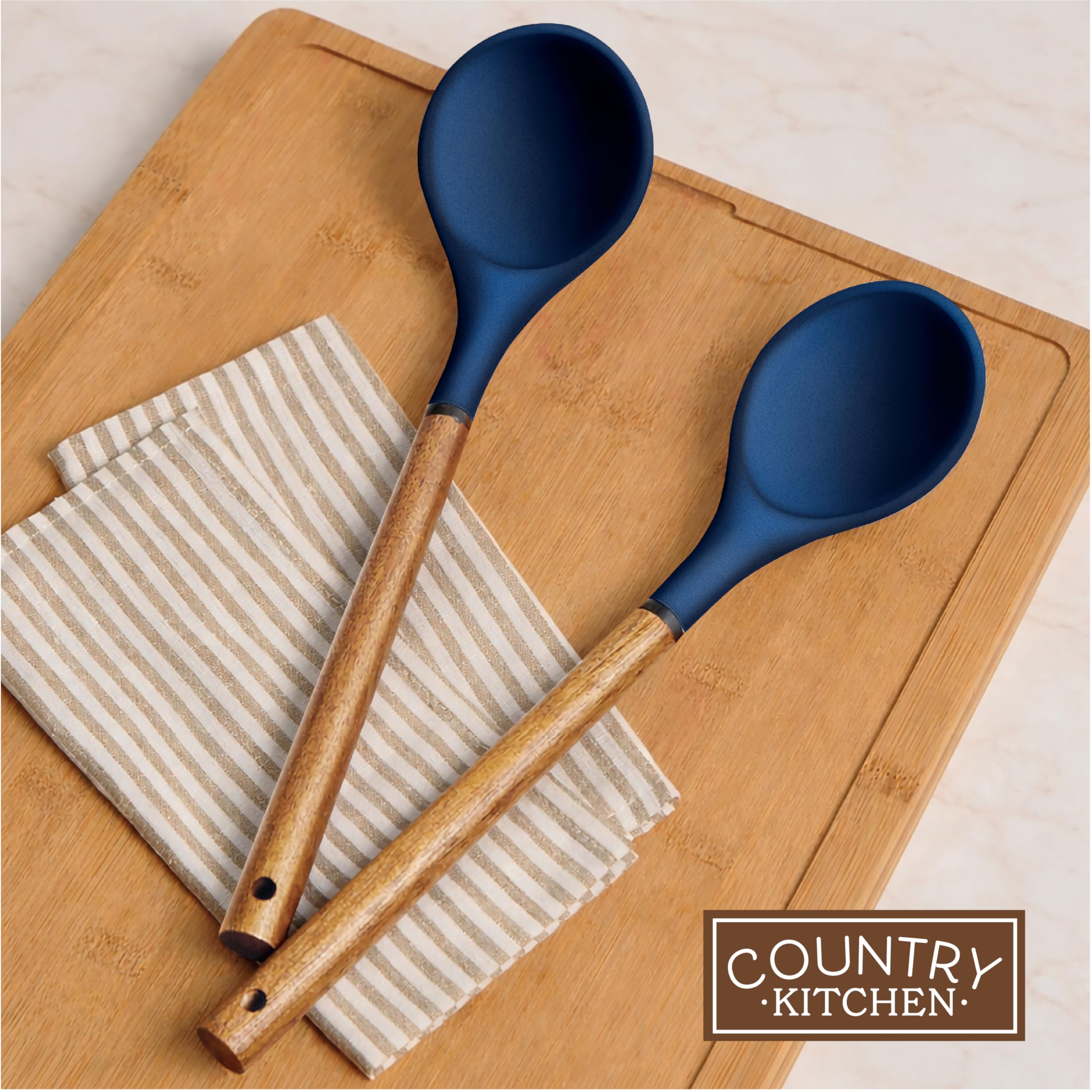 Country Kitchen Juego de utensilios de cocina de silicona y madera de 8 piezas, resistente al calor hasta 450°F, fácil de limpiar, sin BPA
