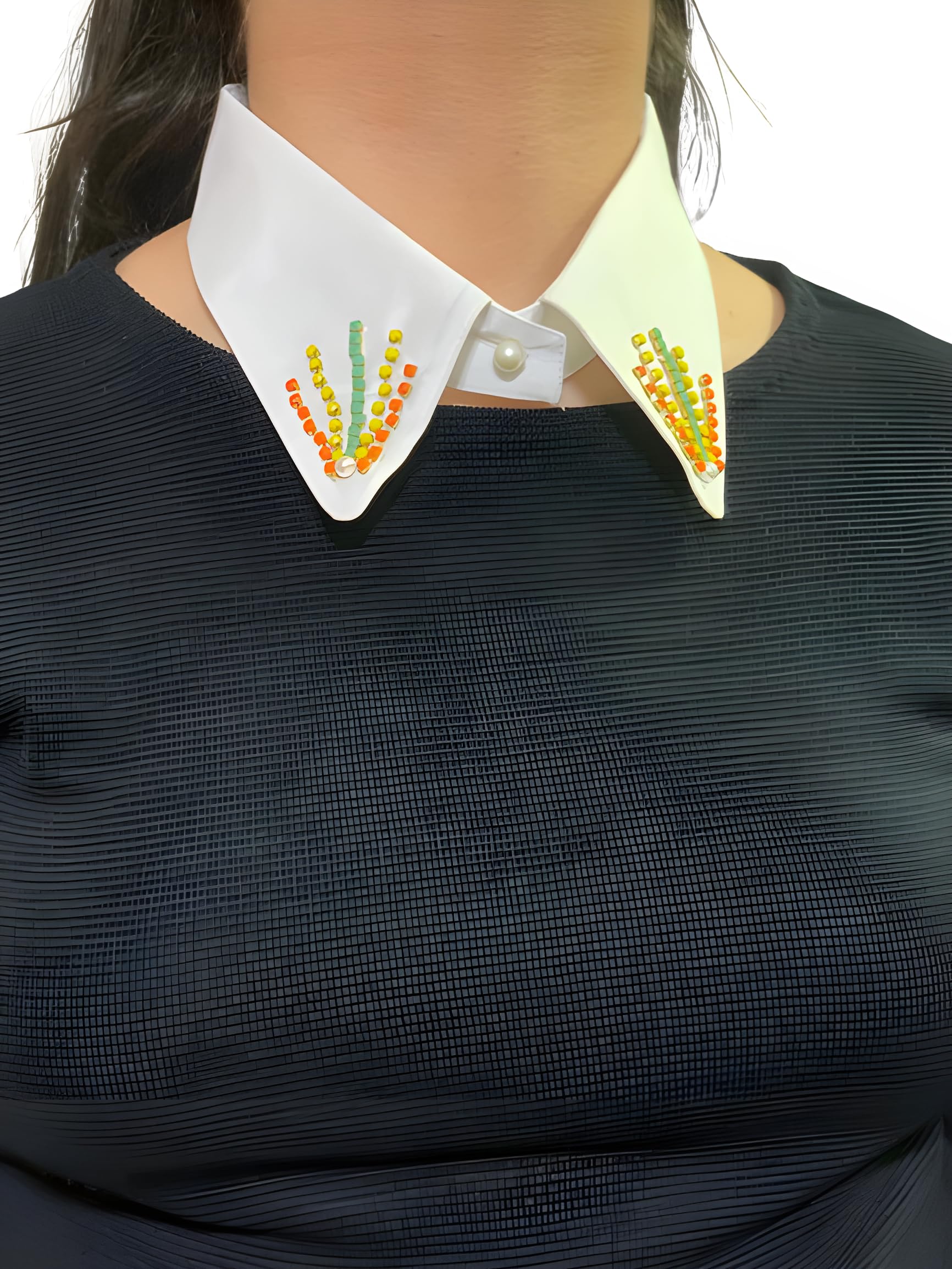 Women Detachable Cotton Fake False Hanging Embroidered Collar With Band (White)-picture-11