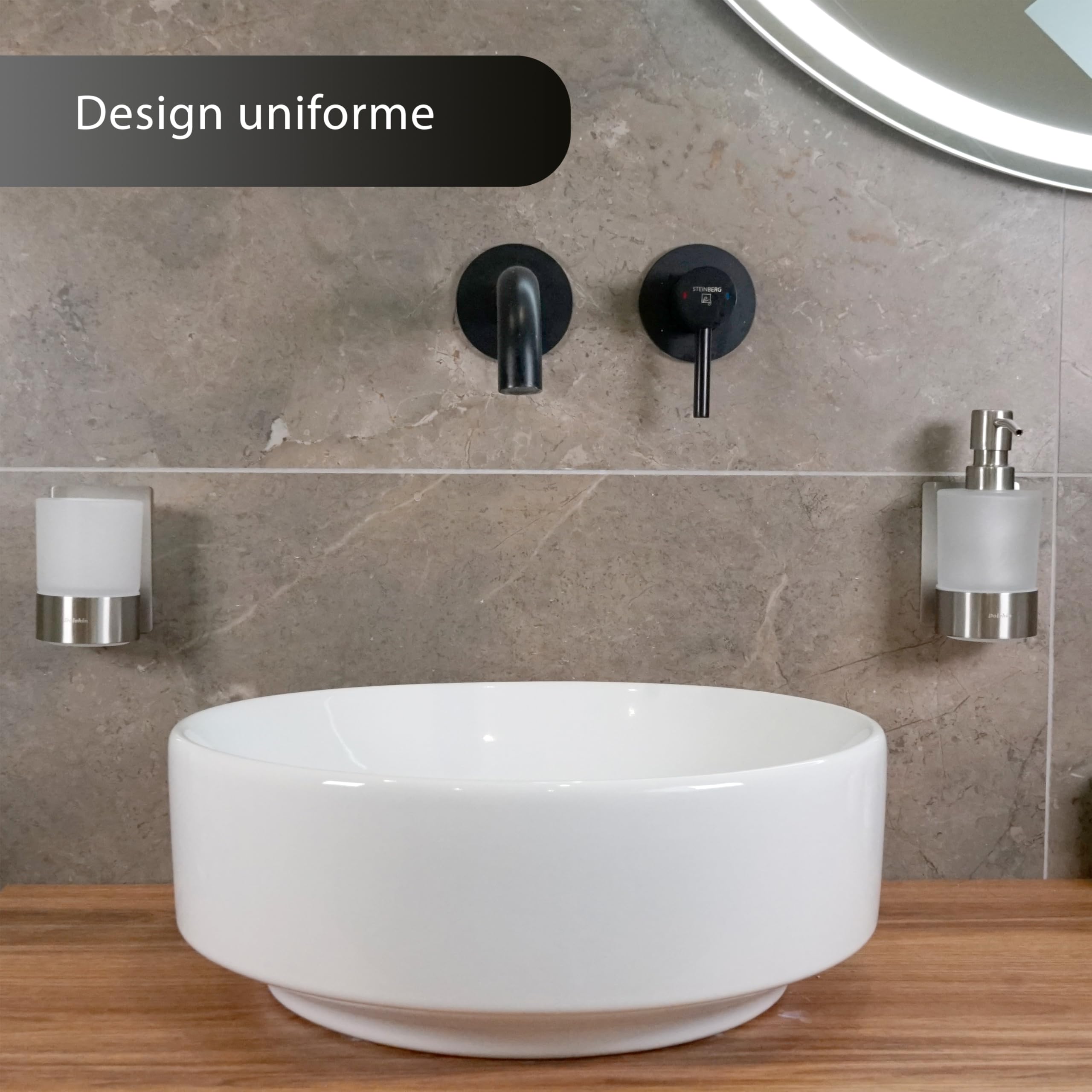 Set Dispenser Sapone e Bicchiere Bagno | Dosatore Liquido & Portaspazzolino Vetro Satinato | Supporto Inox Senza Forare | Dispenser Adesivo da Parete | Set Accessori Bagno | Grigio Argento