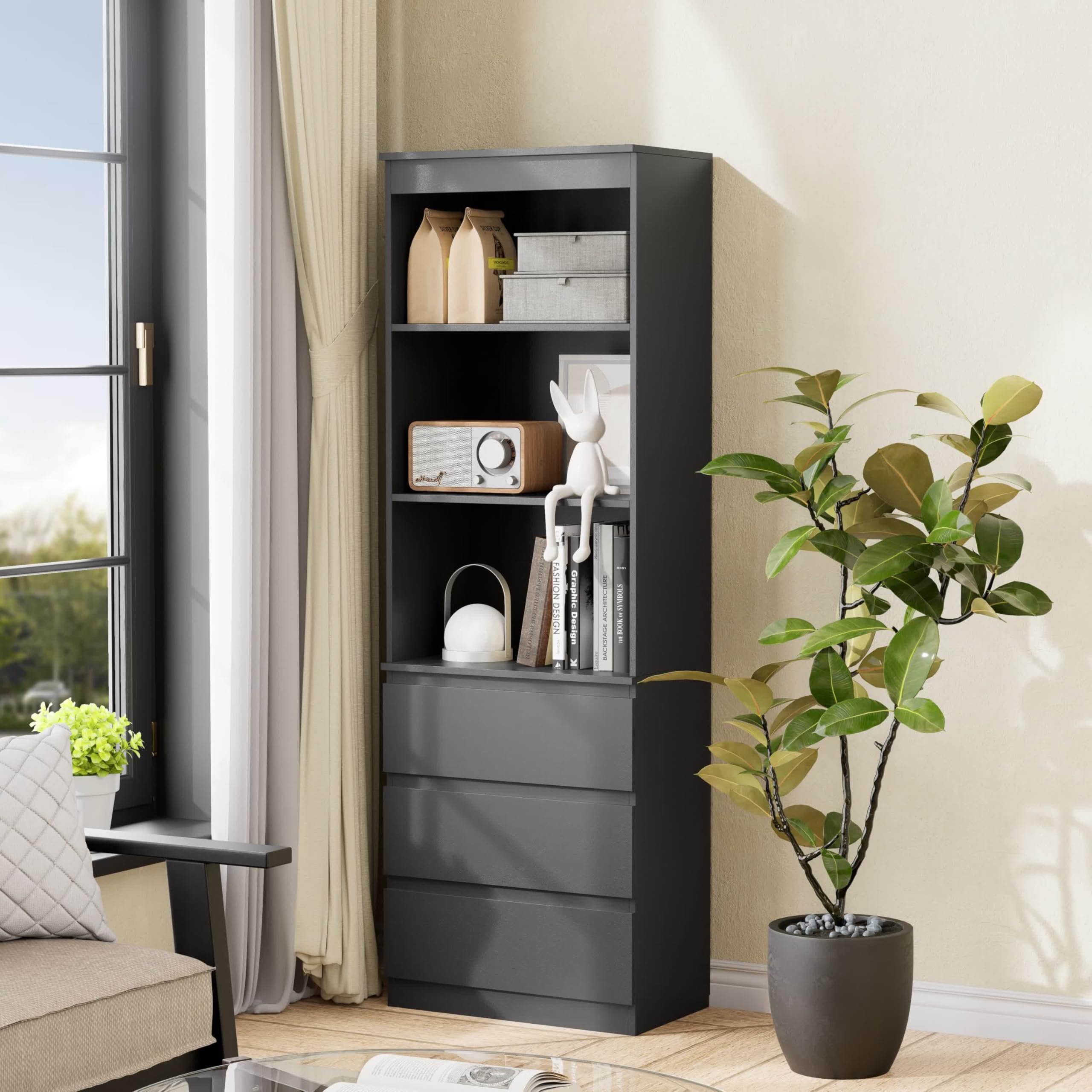 Garvis Bücherregal Hochschrank, 3 Schubladen & 3 Regale – MDF Hochregal mit Kippsicherung, 180 cm Hoch, Platzsparend für Wohnzimmer Schlafzimmer Studierzimmer (Schwarz Matt)