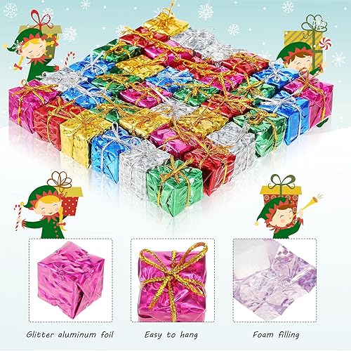 Miniatura 3 de 120 mini cajas de Navidad de colores surtidos envueltas en papel metálico para colgar, cajas de regalo brillantes y coloridas cajas de Navidad,