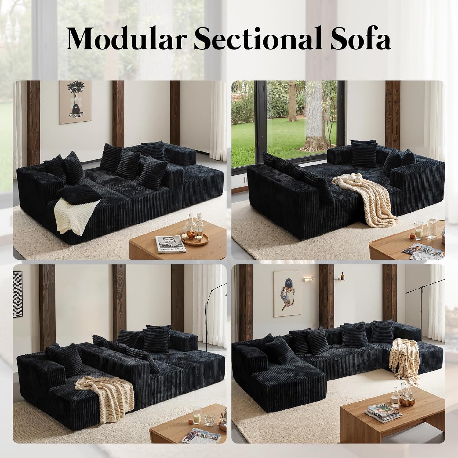 U Shaped Sectional Couches for Living Room, 129'' Black Modular Boneless Cloud Sofa with 2 Chaise Lounges, 4-in-1 Flexible Combination Layered Foam Cushion Deep Seat Corner Couch, No Assembly