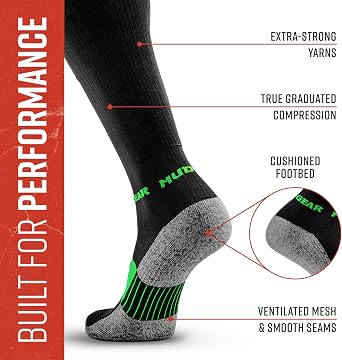 MudGear Graduated Compression Socks, Durable, Sweat-Resistant OCR Performance Socks with Cushioned Footbed, Made in USA
