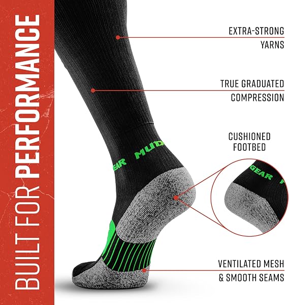 MudGear Graduated Compression Socks, Durable, Sweat-Resistant OCR Performance Socks with Cushioned Footbed, Made in USA
