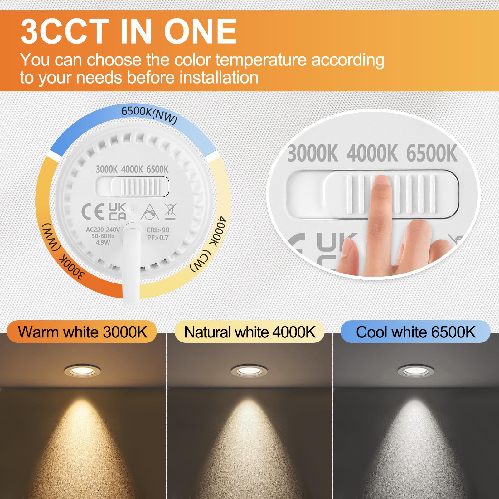 KYOTECH Lot de 10 module LED 4.9W ø50x23mm 3CCT Blanc chaud Blanc naturel Blanc froid Dimmable 38°Remplace Lampe GU10 MR16 pour luminaires encastrés Spots de plafond Spots encastrés Plafonniers