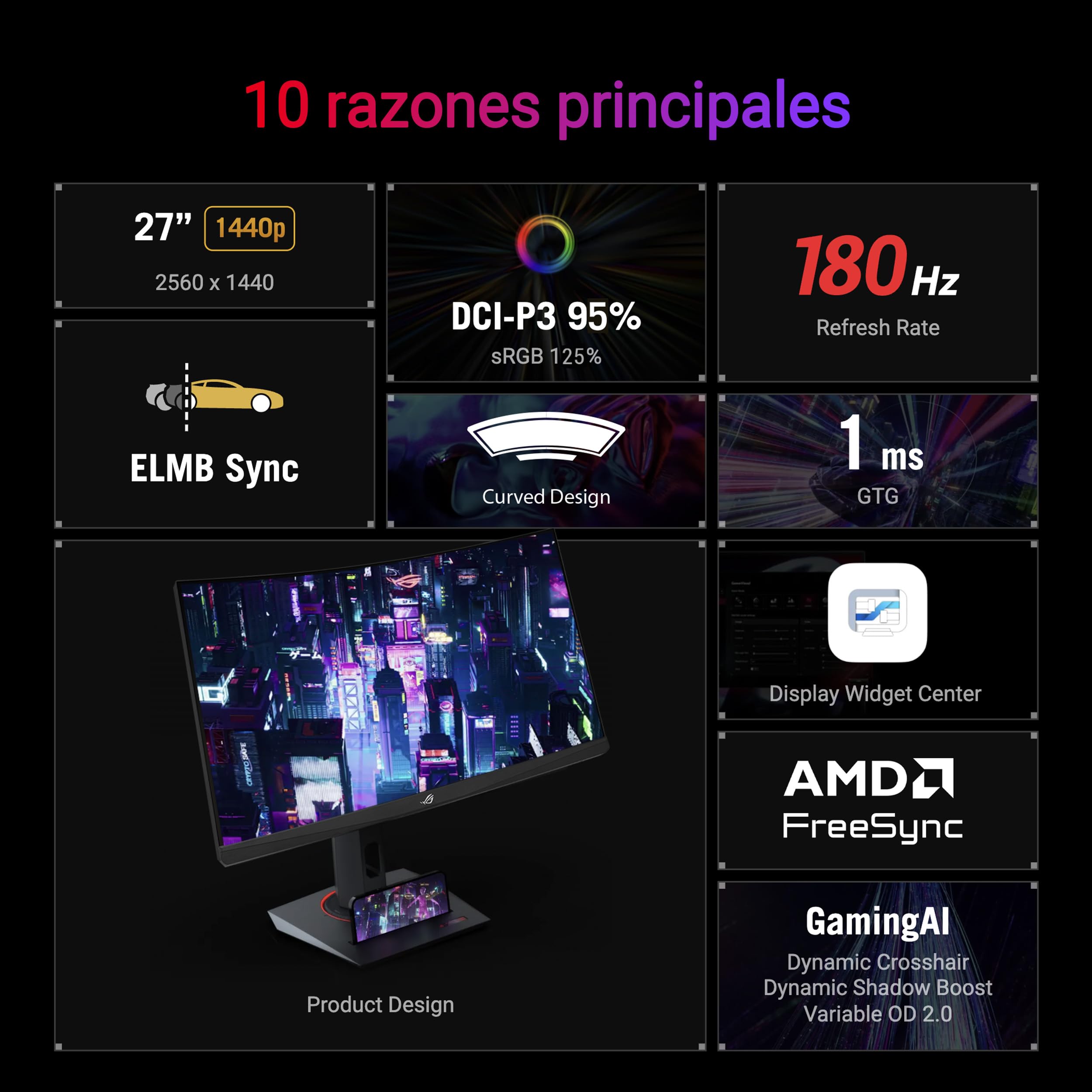 ASUS ROG Strix XG27WCS - Monitor Gaming USB Tipo-C de 27 Pulgadas 2560x1440, Curvo, 180 Hz (sobre 144Hz), 1ms (GTG), Fast VA, ELMB Sync, FreeSync, DisplayWidget Center, Soporte para trípode, HDR