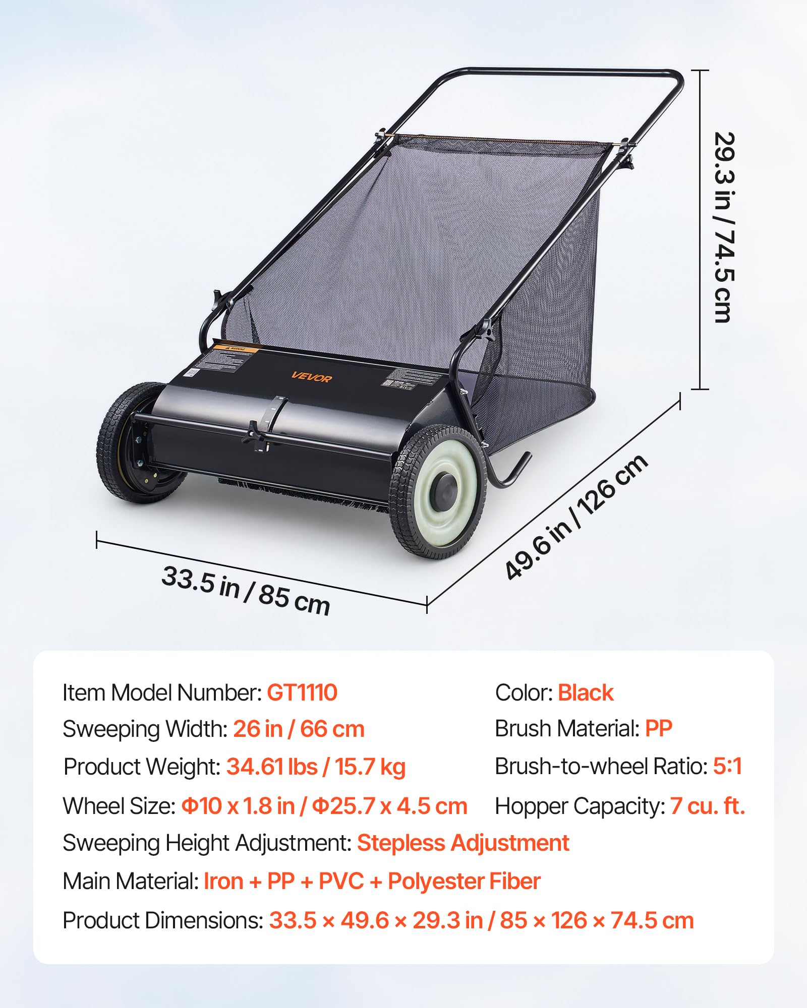VEVOR Barredora de Césped 198L Cortacésped Manual con Bolsa recolectora Ancho de Barrido 66cm Cepillo Giratorio Altura Ajustable Ruedas 25,4 cm para Césped Hojas de Jardín Escombros Secos 142x81x75 cm
