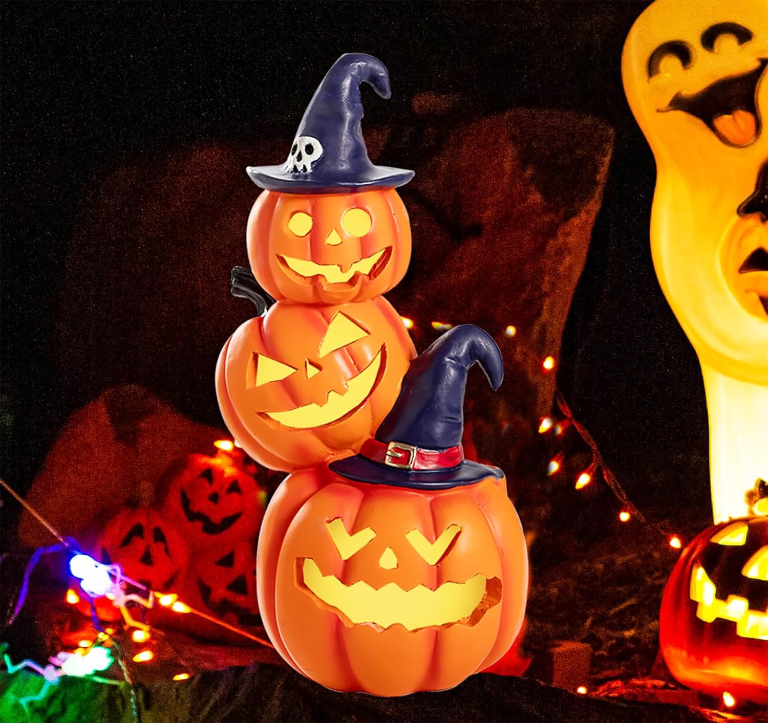 Halloween Decorations - Unique 3 Tiers Stacked Resin Jack-O-Lantern Pumpkin Pathway Solar Lights for Outdoor Garden Yard Porch Front Door (Pumpkins-3)