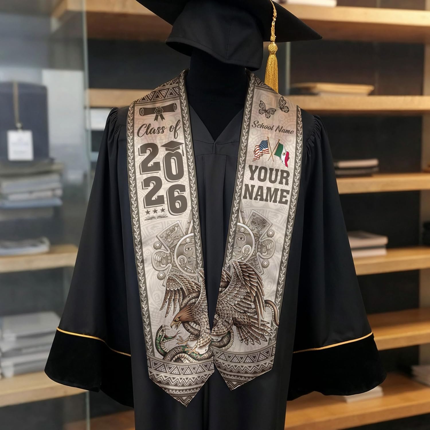 Custom Mexican Graduation Sash 2026 With Aztec Patterns, Graduation Stole Mexico 2026, Mexican American Stole
