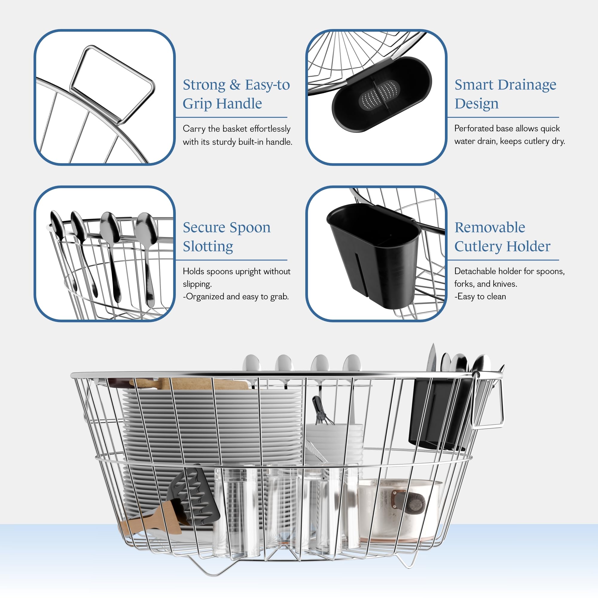 Kuber Industries Round Stainless Steel Utensils Drying Rack with Plastic Cutlery Holder | Dish Organiser with Handle | Vessel Drainer Basket | Bartan/Utensil Stand for Kitchen | Silver - Image 5 thumbnail