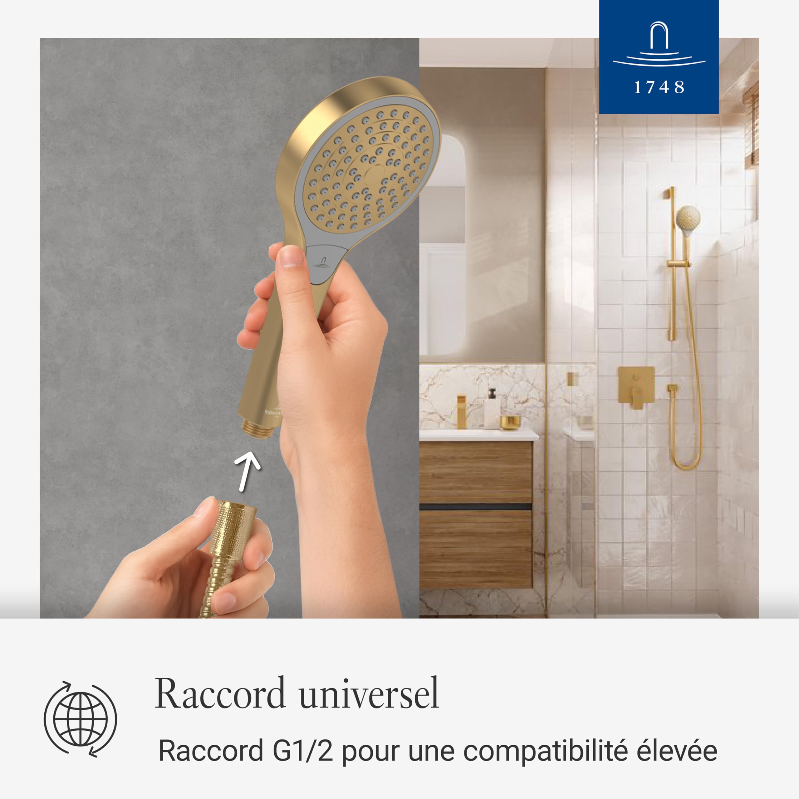 Villeroy & Boch Verve Showers Pommeau de Douche, douchette à main avec 3 types de jets, réglable par simple pression d'un bouton, EasyClean, économie d'eau – Or brossé
