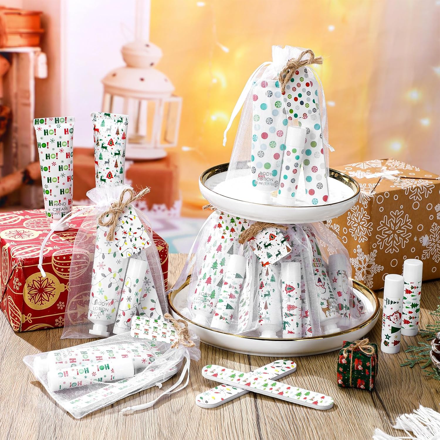 12 Sets/72 Pcs Christmas Party Favors Christmas Hand Cream Body Lotion Lip Balm Nail File Gifts Set Xmas Stocking Stuffers Travel Size Lotion Bulk Holiday Party Supplies for Coworkers Women Adults