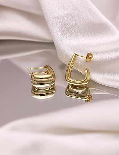 Miniatura 6 de Aretes de aro gruesos de oro para mujer, chapados en oro de 14 quilates, plata de ley 925, aros ligeros, aretes de cadena de clips de papel