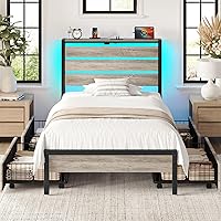 Vista 19 de Rolanstar Base de cama individual con 4 cajones, luces LED y estación de carga, plataforma de metal con cabecera de almacenamiento, sin ruido, fácil