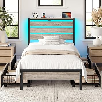 Rolanstar Twin Bed Frame with 4 Drawers, LED Lights and Charging Station, Metal Platform Bed with Storage Headboard, Noise Free, Easy Assembly, No Box Spring Needed, Light Grey