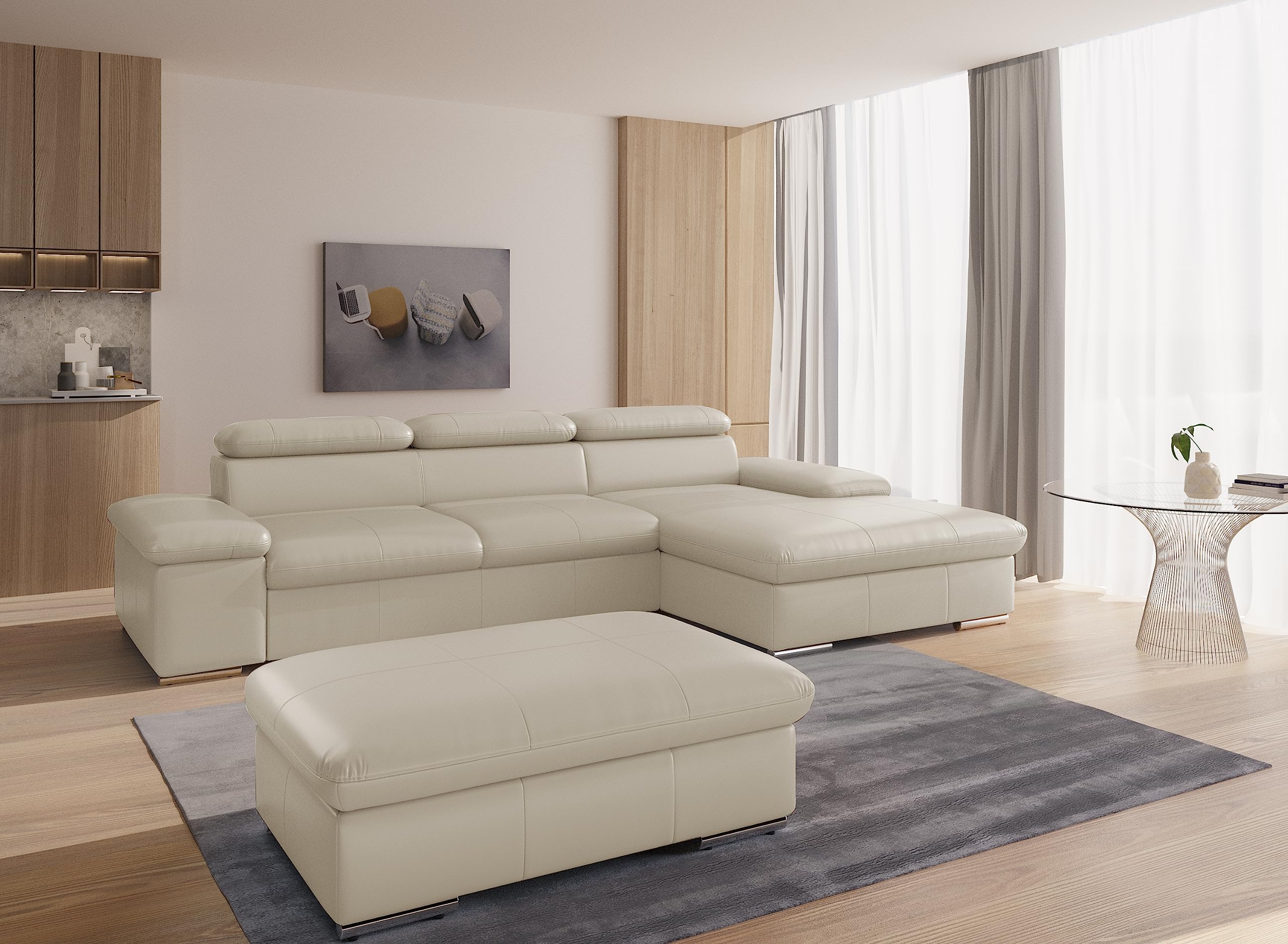 CAVADORE Leder-Schlafsofa Valerie mit XL-Longchair / Eckcouch mit Schlaffunktion, Kopfteilverstellung + großem Longchair / 286 x 73 x 174 / Echtleder Weiß