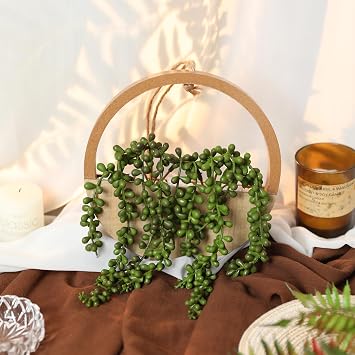 Floweroyal 2pcs Artificial Succulents Hanging Plants 12.2'' Fake String of Pearls in Pot with 8.3'' Lanyard for Indoor Outdoor Wall Decor(Wood Color).