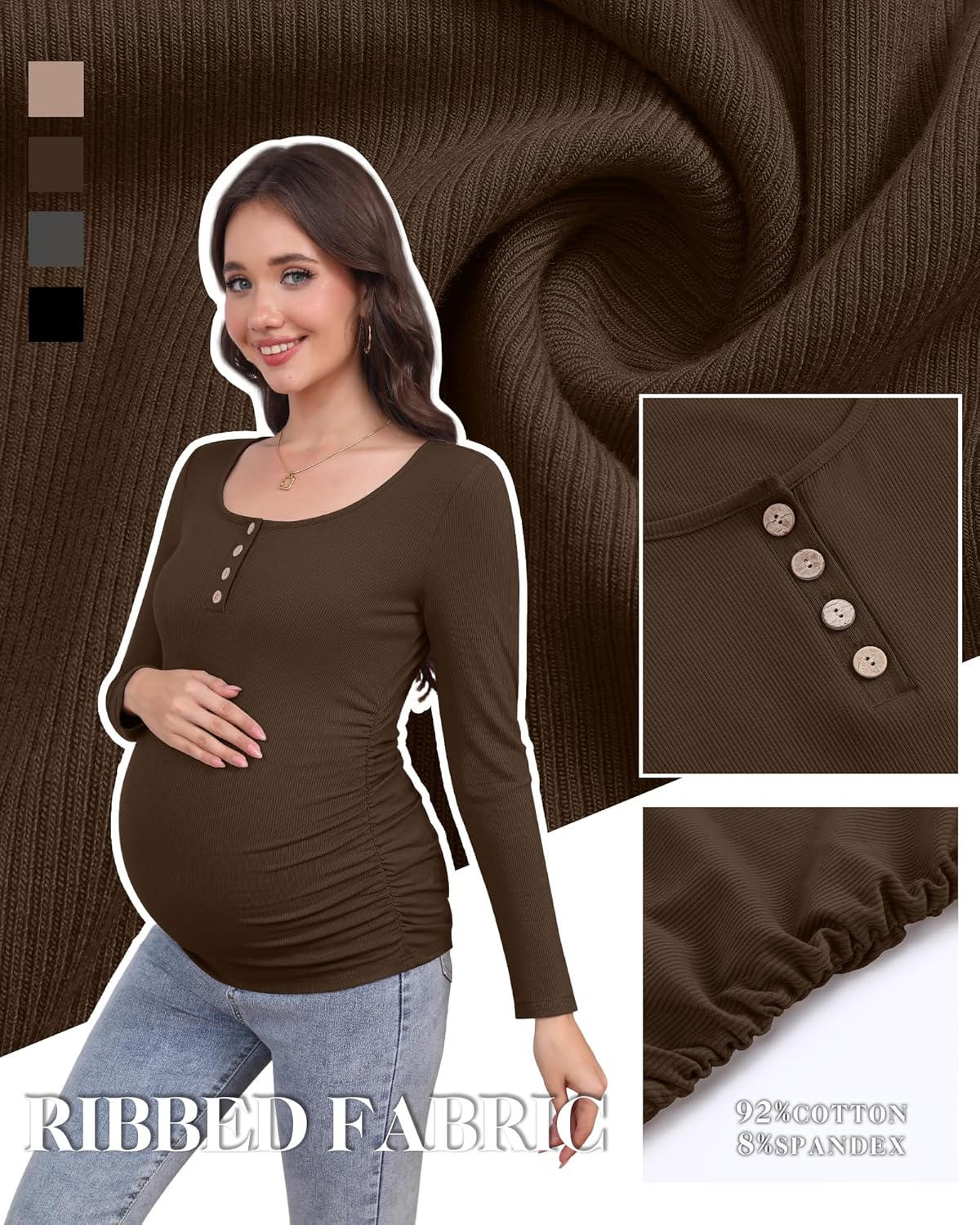 4 Pack Womens Maternity Shirts Cotton Scoop Neck Long Sleeve Ribbed Pregnancy Top Henley Side Ruched Mama Clothes - Image 4