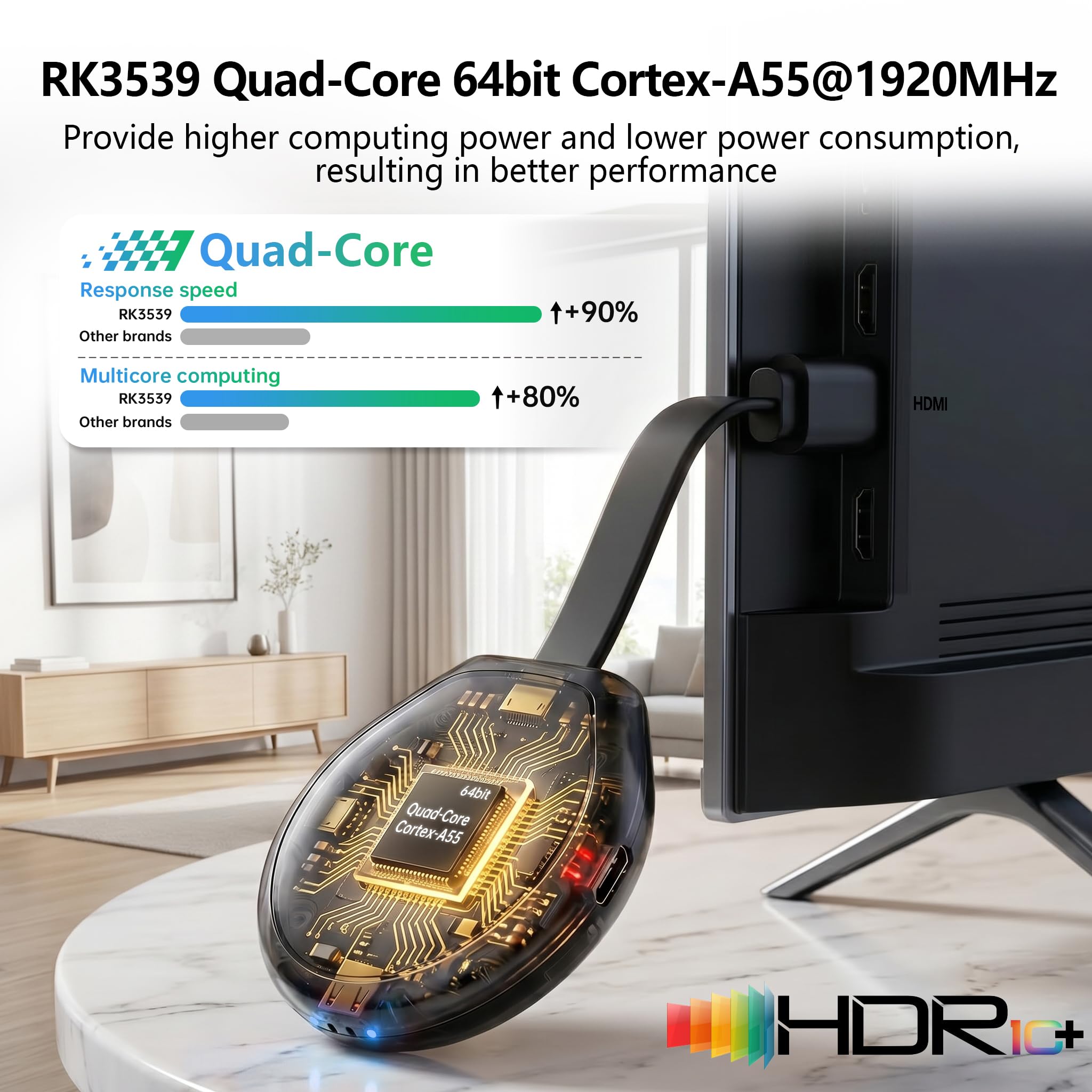 HS89 T19 TV Stick Android 14 4K Ultra HD, 2 Go RAM 16Go ROM RK3539 WiFi 6 Bluetooth 5.4 HDR10+, Smart TV Stick Box Android 14.0 avec Assistant de Télécommande Vocale, Appareil de Streaming Intelligent