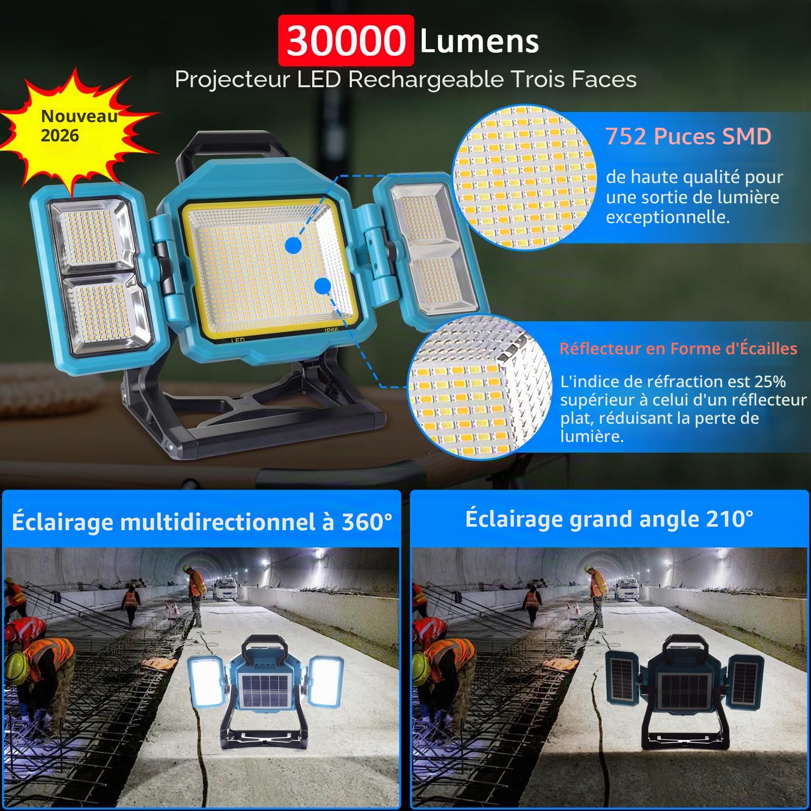 MASMEJOR Projecteur LED Rechargeable, 300W, 25000mAh, 3 Panneaux Solaires | 30000LM, 752LEDs, 4 Modes de Éclairage, Sortie USB, IP44, Portable pour Chantier, Garage, Urgences, Camping, Pêche