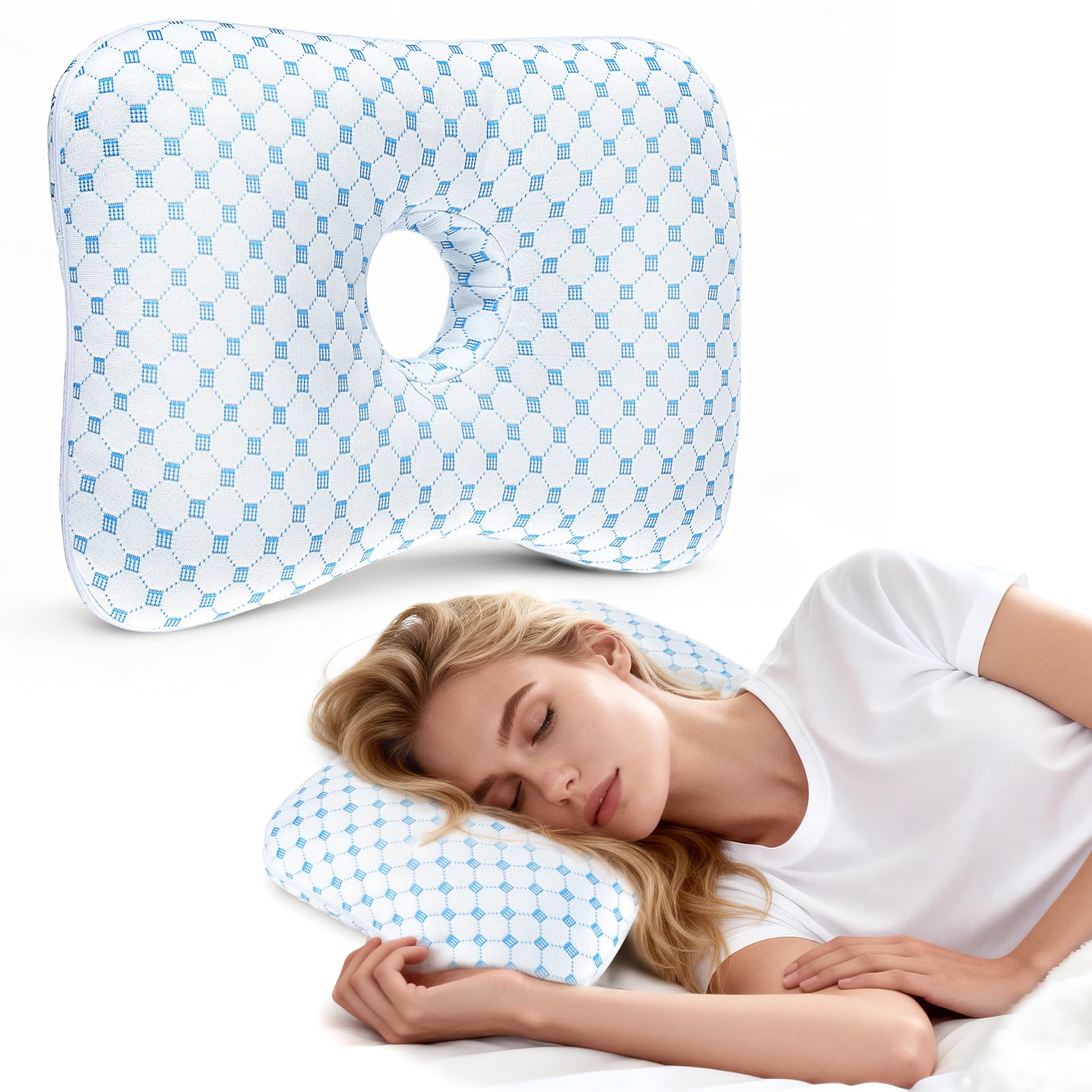 Axrye Piercing Pillow, Ear Piercing Pillow with Removable Cover Washable Pillows with Hole for Side Sleepers Ear Pain Wearing Headphones Earrings in Home Classroom Office Library Airplane (Blue)